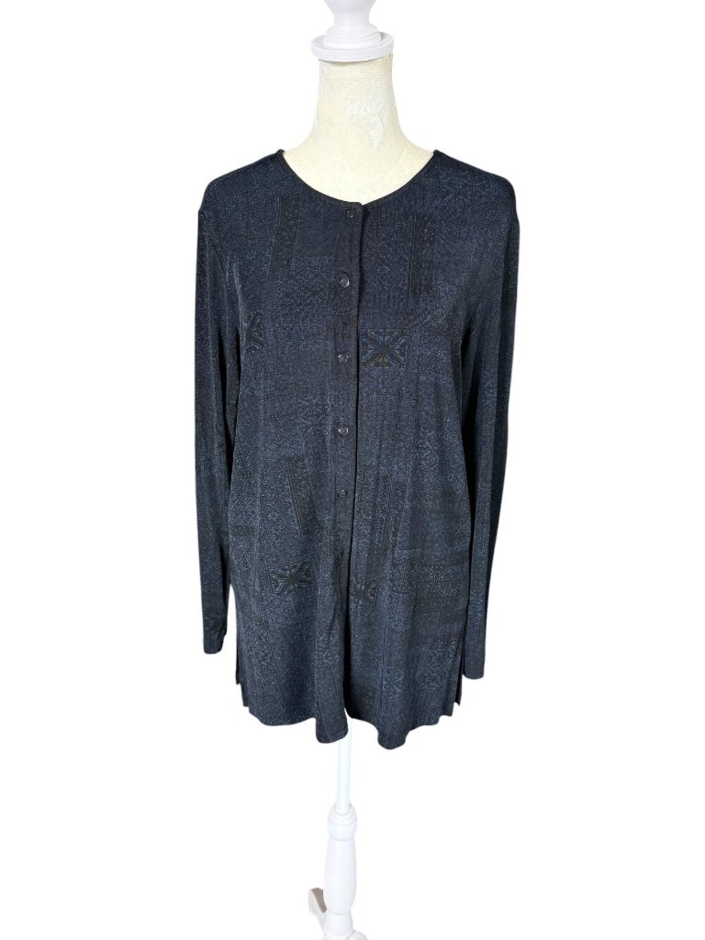 Chico's Design black and blue long sleeve snap front tunic top women's size 2